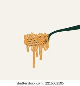 Fettuccine Pasta with a basil on a fork. Italian food design template. Textured vintage illustration.