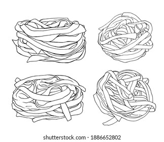 Fettuccine Nudeln Vektorgrafik-handgezeichnet schwarze Rahmenform einzelne Elemente Draufsicht und Seitenansicht Nestnudeln auf weißem Hintergrund.