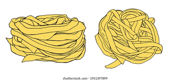 Fettuccine Pasta Noodles Vector Illustration-Hand Drawn-Outline Black Yellow Isolated set of Elements Top view and Side view noodle nest on white background for label design template, packaging, menu