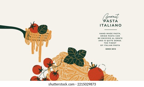 Fettuccine pasta on a fork. Italian food horizontal design template. Textured vintage illustration.