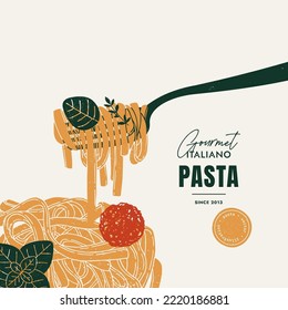 Fettuccine pasta on a fork. Pasta with meatball. Italian food design template. Textured vintage illustration.