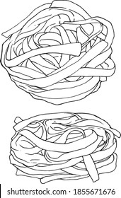 Fettuccine pasta vector illustration - hand drawn - outline black isolated set top view and side view nest noodles on white background