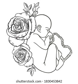 The fetus of the baby inside the womb, in the womb with blossoming roses. Illustration of a baby on flowers and leaves. Vector icon. For cards, posters, coloring book,for scientific journals book