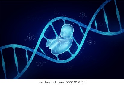 Célula de dupla hélice azul do gene do DNA do feto. Biologia genética sintética combinada. Órgão de anatomia brilhante poligonal. Análise de código timina, adenina, guanina, citosina. Vetor de fundo da ciência médica.