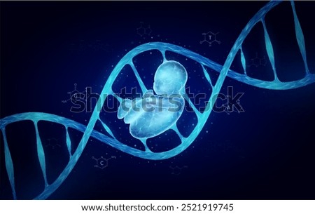 Fetus DNA gene cell double helix blue. Genetic synthetic biology combined. Anatomy organ glowing polygonal. Code analysis thymine, adenine, guanine, cytosine. Medical science background vector.