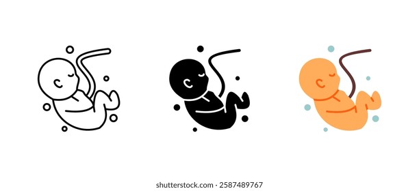 Fetus icon set. Developing baby inside the womb sign. Embryo and prenatal growth symbol. Maternity and pregnancy care pictogram. Medical and biological study illustration.