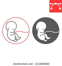 Icono de línea de feto y glifo, embrión y embarazo, bebé en el icono del vector del útero, gráficos vectoriales, símbolo de contorno de trazo editable, eps 10.