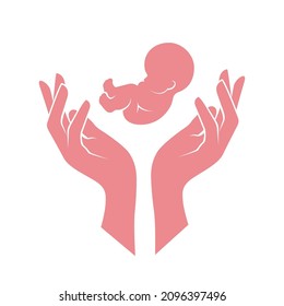 Fetus in mother hands, baby birth, embryo and woman palms, vector