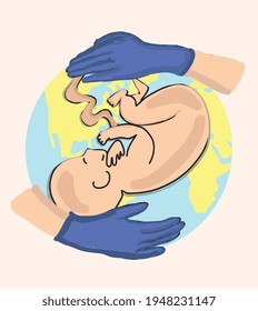 Fetus on world planet drawing. Midwife, doctor hand with gloves vector illustration