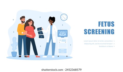 Fetus screening concept. Female doctor gives results of ultrasound examination. Arabian family expecting for baby. Future parents in clinic. Vector illustration in flat cartoon style.