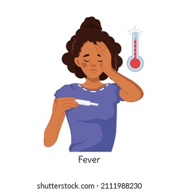 Fiebre. Una mujer afroamericana con fiebre y temperatura alta sostiene un termómetro en las manos. Esta mujer está enferma. Colores, enfermedades virales, gripe, coronavirus. Ilustración vectorial aislada 