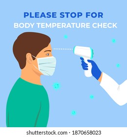 Fever check. Body temperature check required banner during Covid-19 Outbreak. Coronavirus pandemic prevention. Men measuring body temperature and wearing a face mask vector illustration.