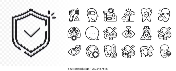 Fever, Check eye and Cholecalciferol line icons for web app. Glare of light effect. Message icon. Pack of Shield, Electronic thermometer, Dental insurance pictogram icons. Vector