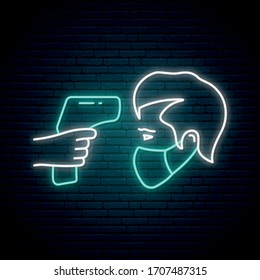 Fever check line icon in neon style. Body temperature check required sign during Covid-19 Outbreak. Stock vector illustration.