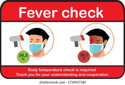 Fever check vector graphic illustration, simple flat body temperature check required sign during Covid-19 Outbreak or Coronavirus pandemic, measures the ambient and body temperature without contact.