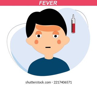 Fever Child With Thermometer Icon. Flat Design Vector