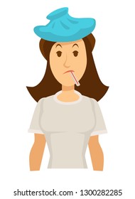 Fever and cold thermometer and rubber rubber hot-water bottle vector isolated female character ill woman with high temperature and headache disease symptoms medical or home treatment girl in T-shirt.