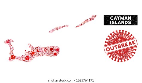 Fever collage Cayman Islands map and red rubber stamp watermark with OUTBREAK message. Cayman Islands map collage formed with randomized infection elements.