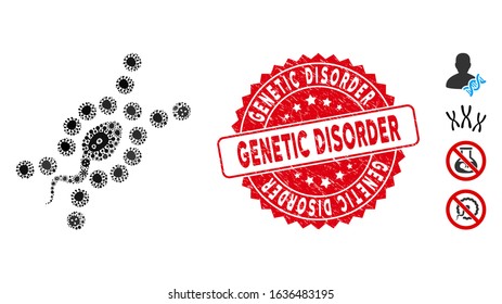 Fever collage DNA replication icon and rounded rubber stamp watermark with Genetic Disorder phrase. Mosaic vector is composed with DNA replication icon and with randomized infectious symbols.