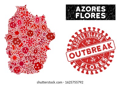 Fever collage Flores Island of Azores map and red grunge stamp watermark with OUTBREAK phrase. Flores Island of Azores map collage created with randomized bacterium icons.