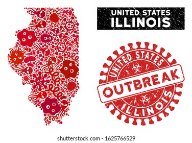 Fever collage Illinois State map and red distressed stamp watermark with OUTBREAK phrase. Illinois State map collage created with scattered microbe cell elements.