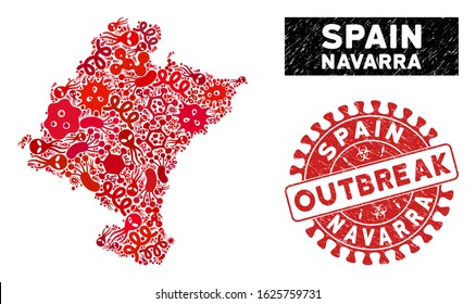 Fever collage Navarra Province map and red grunge stamp watermark with OUTBREAK caption. Navarra Province map collage created with scattered pathogen symbols.