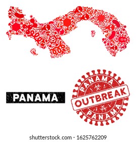 Fever collage Panama map and red distressed stamp seal with OUTBREAK words. Panama map collage created with random microbe cell elements. Red round OUTBREAK seal stamp with unclean texture.