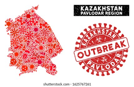 Fever collage Pavlodar Region map and red grunge stamp watermark with OUTBREAK text. Pavlodar Region map collage designed with random bacteria icons. Red round OUTBREAK seal stamp with dirty texture.