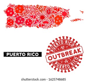 Fever collage Puerto Rico map and red grunge stamp watermark with OUTBREAK badge. Puerto Rico map collage formed with random virus symbols. Red rounded OUTBREAK seal stamp with grunge texture.