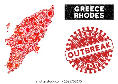 Fever collage Rhodes Island map and red distressed stamp seal with OUTBREAK badge. Rhodes Island map collage formed with randomized microbe icons.
