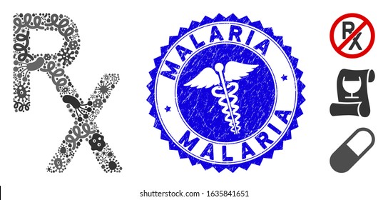 Fever Collage Rx Medical Symbol Icon And Round Corroded Stamp Seal With Malaria Text And Doctor Icon. Mosaic Vector Is Composed From Rx Medical Symbol Icon And With Scattered Microbe Cell Icons.