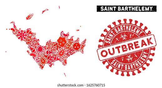 Fever collage Saint Barthelemy map and red grunge stamp seal with OUTBREAK text. Saint Barthelemy map collage created with randomized flu elements. Red rounded OUTBREAK seal with dirty texture.