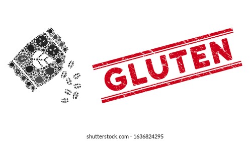 Fever collage sow seed pack icon and red Gluten rubber print between double parallel lines. Mosaic vector is formed with sow seed pack icon and with random bacterium items. Gluten seal uses red color,