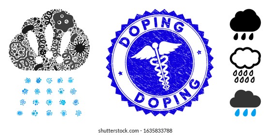 Fever collage storm cloud icon and rounded grunge stamp seal with Doping phrase and serpents icon. Mosaic vector is created with storm cloud icon and with scattered bacterium icons.