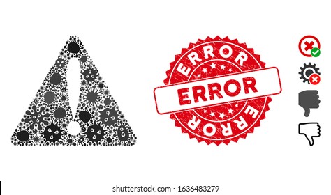 Fever collage warning error icon and round distressed stamp seal with Error caption. Mosaic vector is designed with warning error icon and with scattered viral items. Error stamp seal uses red color,