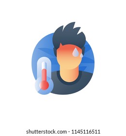 Fever concept, high temperature thermometer, sick sweating person, catch a cold, flue virus, influenza symptoms, feeling ill, hot head, immunity resistance, vector icon, flat illustration