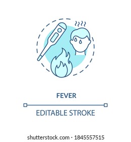 Icono de concepto de fiebre. Infección por gripe, síntoma de frío. Ilustración en línea delgada de la idea de contraindicaciones de vacunación. Alta temperatura corporal. Dibujo de color RGB con contorno aislado del vector. Trazo editable