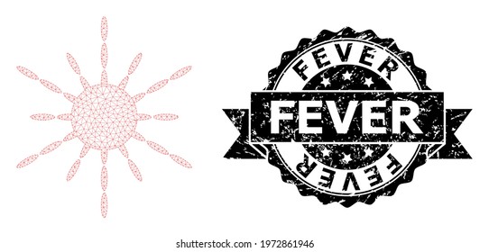 Fever corroded seal imitation and vector sun rays mesh model. Black stamp seal has Fever title inside ribbon and rosette. Abstract 2d mesh sun rays, built from flat mesh.