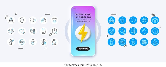 Fever, Face biometrics and Face id line icons. Phone mockup with 3d energy icon. Pack of Coronavirus, Stress, People vaccination icon. Wash hands, Dating, Donation pictogram. Vector