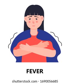 Fiebre del vector de icono de chica. Se muestra el síntoma de gripe, frío y coronavirus. La mujer es febril. Ilustración de persona infectada. Concepto de enfermedad respiratoria.