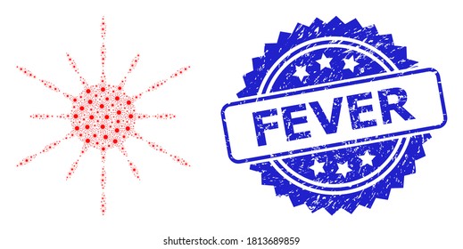 Fever grunge seal and vector recursion mosaic sun rays. Blue seal includes Fever text inside rosette. Vector mosaic is composed of random rotated sun rays pictograms.