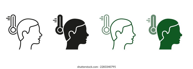 Fieberwärme, Symbolsammlung für hohe Körpertemperatur. Fieber Symptom Line und Silhouette Icon Set. Grippe, kalte Coronavirus Symptom. Thermometer Piktogramm für medizinisches Poster. Einzelne Vektorgrafik.