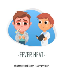 Fever heat medical concept. Vector illustration. Doctor and patient are talking in the hospital. Isolated on white background.