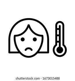 Fieber-Wärmeumriss-Vektorillustration Symbol einzeln auf weißem Hintergrund. Mädchen und Thermometer Symbol. Coronavirus Linie Icon für Web-, mobile Apps, i Design und Print-Produkte. Symptome und Prävention von Coronavirus