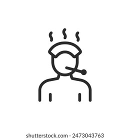 Fever, high temperature, linear style icon. Person with thermometer in mouth and cloth on forehead. Feeling hot. Editable stroke width