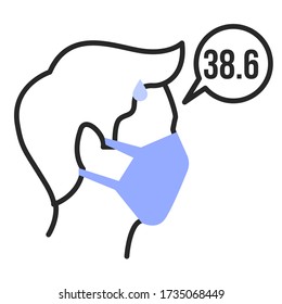 Fever, human with coronavirus symptom flat illustration. Person wearing face mask, ill man blue and black linear icon isolated on white background. High temperature, influenza concept