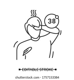 Fever icon. Linear pictogram of male person having heat and measuring body temperature. Concept of flu, sun stroke and infection corona virus disease symptoms. Editable stroke vector illustration