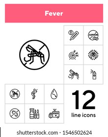 Fever line icon set. Mosquito, bacteria, virus, ambulance car. Health concept. Can be used for topics like epidemic, infection, urgent help