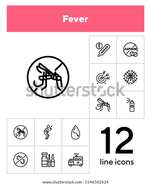 Fever line icon set. Mosquito, bacteria, virus,\
ambulance car. Health concept. Can be used for topics like\
epidemic, infection, urgent\
help