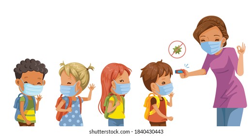 fever measure. Prevent the flu or covid-19 for kids in a school. during coronavirus epidemic. COVID-19. Visual Support. Social Distancing. School start Back to school. Vector illustration.